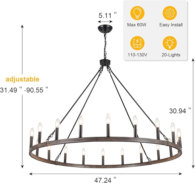 Wagon Wheel Chandelier 20-Light 48" Round Rustic Farmhouse Chandelier Light Fixture for High Ceiling Foyer Hallway Living Room Dining Room Kitchen Island