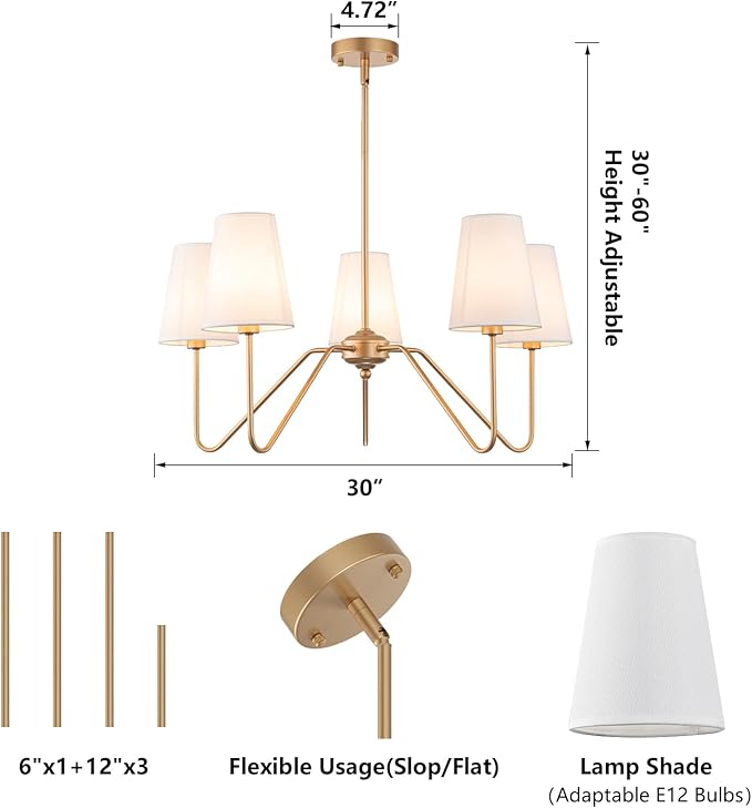 Brass Gold Chandeliers for Dining Room, 5-Light Modern Pendant Light Fixture Over Table with White Shade Farmhouse Lighting Fixtures for Living Room Bedroom Hallway Height Adjustable