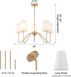 Brass Gold Chandeliers for Dining Room, 5-Light Modern Pendant Light Fixture Over Table with White Shade Farmhouse Lighting Fixtures for Living Room Bedroom Hallway Height Adjustable