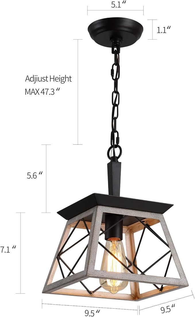 Q&S Farmhouse Pendant Light Fixture,Vintage Pendant Light Chandelier,Industrial Hanging Lighting,Wrought Iron,Oak and ORB,1 Light E26 UL Listed