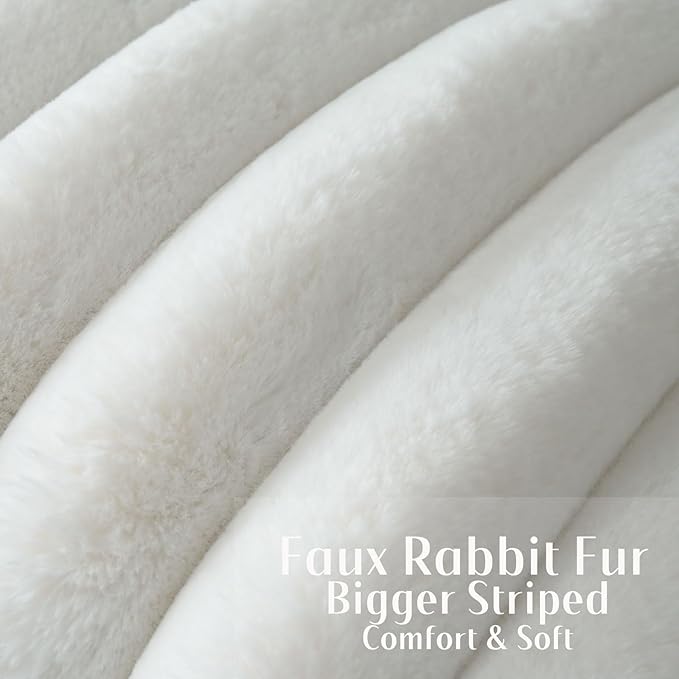 FUTEI Cream White Decorative Throw Pillow Covers 18x18 Inch Set of 2, Square Soft Faux Rabbit Fur Big Striped Cushion Cover,Home Decor for Couch Sofa Bed Living Room