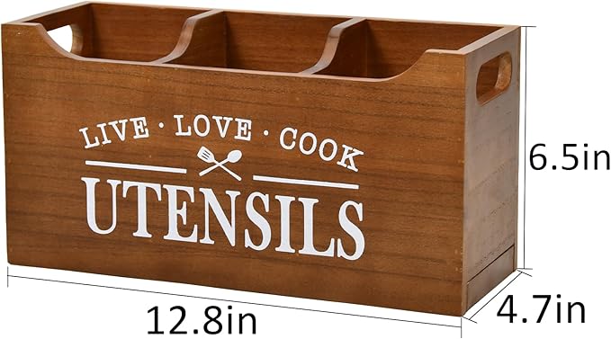 Kitchen Utensil Holder with Drainage Bottom, Large 3 Compartments Solid Real Wood Utensil Organizer for Kitchen Counter, Farmhouse Cooking Tools Storage for Countertop, Brown