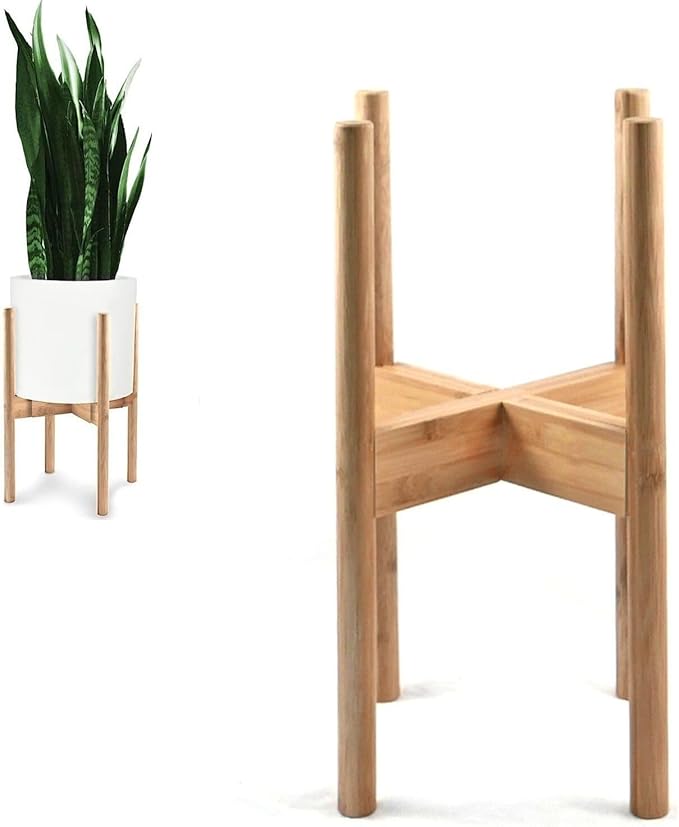 Fox & Fern Adjustable Plant Stand Indoor — 8 to 12 Inch Premium Mid Century Bamboo Plant Stand with Adjustable Width; Plug In Design; Easy to Assemble; Two Heights - For 8, 9, 10, 11 & 12 Inch Pots