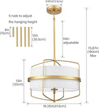DAYCENT Modern Gold Pendant Light 3-Light Drum Shade Chandelier 16-Inch Brass Pendant Lighting with Drum Fabric Shade Hanging Light Fixture for Dining Room Living Room, Adjustable Height