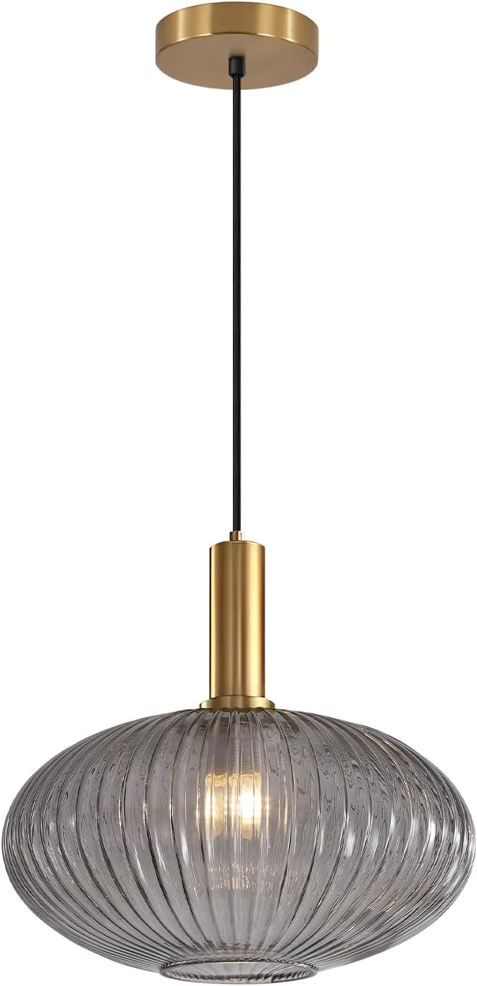 KCO Lighting Mid Century Modern Gold Glass Pendant Lighting Smoke Grey Globe Pendant Lights Kitchen Island Industrial Brass Gold Hanging Ceiling Light Fixture for Dining Room