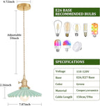 Pendant Light with Green Pleated Ceramic Lmapshade, Brass Vintage Pendant Light Adjustable Hanging Light for Kitchen Island Dining Room Hallway