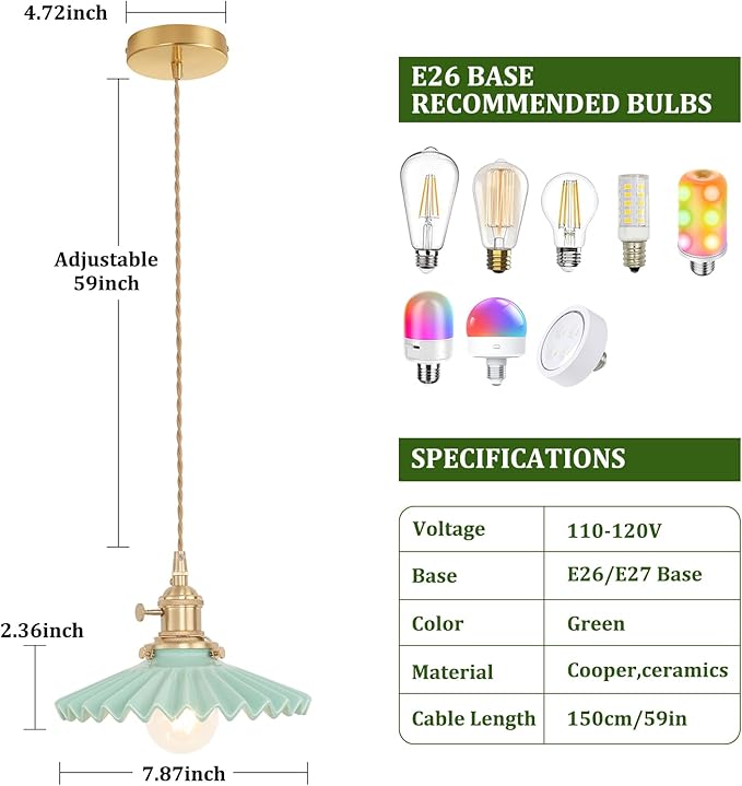 Pendant Light with Green Pleated Ceramic Lmapshade, Brass Vintage Pendant Light Adjustable Hanging Light for Kitchen Island Dining Room Hallway