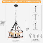 5-Light Farmhouse Chandelier, 17.7 Inch Rustic Black and Vintage Wood Finish Chandeliers for Dining Room Light Fixture, Adjustable Height Hanging Light for Kitchen Island, Entryway, Living Room