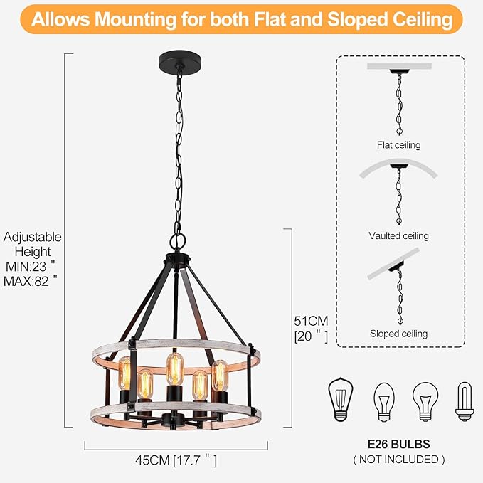 5-Light Farmhouse Chandelier, 17.7 Inch Rustic Black and Vintage Wood Finish Chandeliers for Dining Room Light Fixture, Adjustable Height Hanging Light for Kitchen Island, Entryway, Living Room
