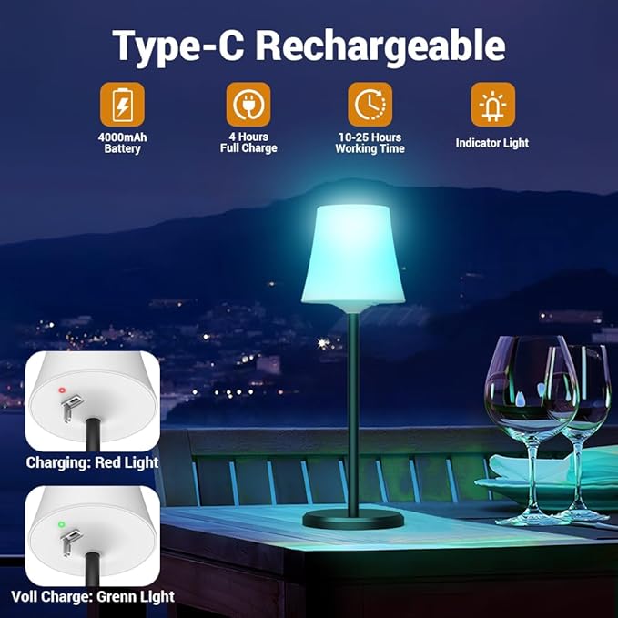 Cordless Table Lamp Rechargeable 2 Pack Wireless Touch Light Battery Operated 3 Color & RGB Stepless Dimmable Portable Led Waterproof Small Lamps for Kichen/Dining/Outdoor/Patio/Restaurant