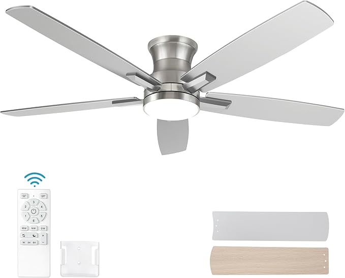 YUHAO 52 Inch Flush Mount Brushed Nickel Ceiling Fan with Light and Remote Control.Noiseless,Dimmable,3CCT,6 Speeds Reversible, Low Profile DC Ceiling Fans for Indoor Use