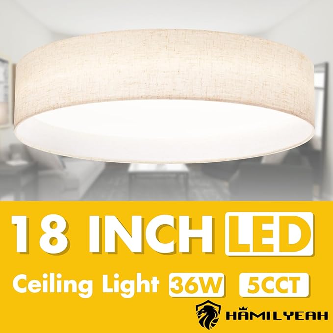Hamilyeah 18 inch LED Ceiling Light Flush Mount Light Fixture 36W, Modern Kitchen Lighting Fixture Ceiling Mount with Fabric Shade, Dimmable Ceiling Lighting Fixture 5CCT for Bedroom, Bathroom