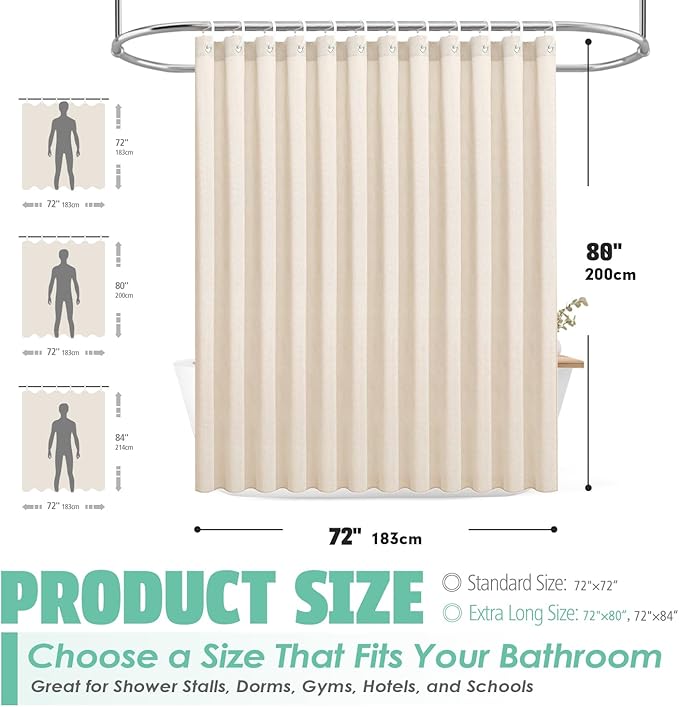 Extra Long Natural Linen Textured Shower Curtain Set with Hooks, Beige Boho Farmhouse Bath Shower Curtains for Bathroom Neutral Cloth, Hotel Luxury, Weighted, 72W x 84L, Cream