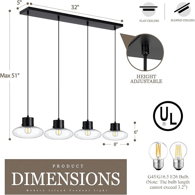 4-Light Kitchen Island Lighting, Black Linear Chandelier Modern Dining Room Light Fixture with Clear Glass, Adjustable Hanging Lighting for Kitchen Dining Room, OS-JJ1513-4CBK