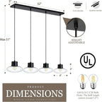 4-Light Kitchen Island Lighting, Black Linear Chandelier Modern Dining Room Light Fixture with Clear Glass, Adjustable Hanging Lighting for Kitchen Dining Room, OS-JJ1513-4CBK