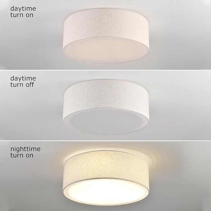 3-Light Ceiling Light Fixture, 13" Drum Flush Mount Ceiling Light, Modern Close to Ceiling Lights with Fabric Linen Shade Farmhouse Flush Mount Light for Bedroom Hallway Kitchen Dining Living Room