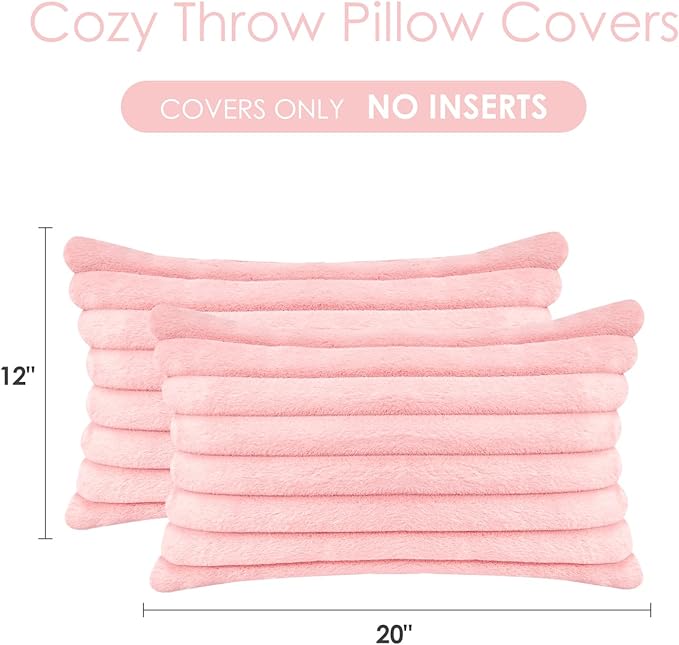Throw Pillow Covers Decorative Faux Fur Set of 2 12x20 Inch Pillow Covers, Soft Pink Lumbar Plush Striped Pillowcases for Couch Sofa Bed Living Room, Fluffy Cute Home Boho Accent Fuzzy Decor