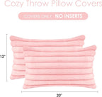 Throw Pillow Covers Decorative Faux Fur Set of 2 12x20 Inch Pillow Covers, Soft Pink Lumbar Plush Striped Pillowcases for Couch Sofa Bed Living Room, Fluffy Cute Home Boho Accent Fuzzy Decor