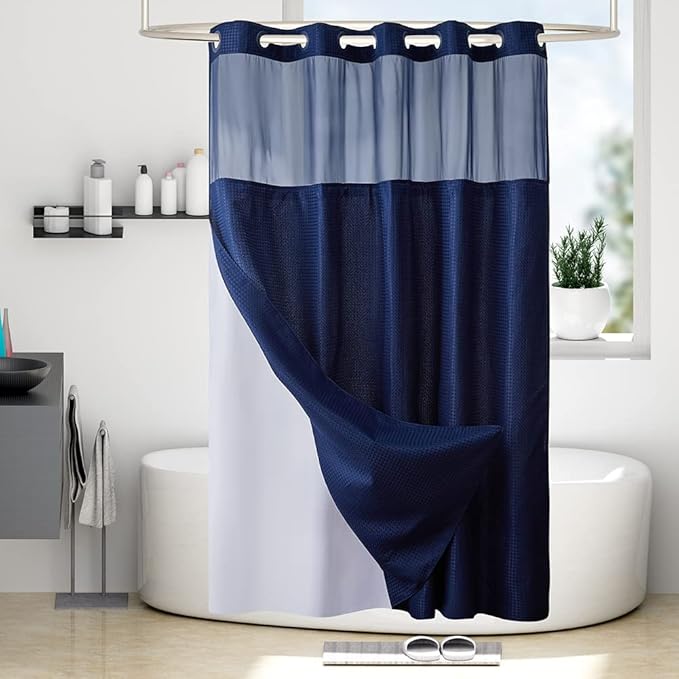 No Hook Waffle Weave Shower Curtain with Snap in Fabric Liner Set,Heavy Duty Textured Bathroom Curtain with See Through Window,Waterproof & Machine Washable,Navy Blue,71x78 Inch