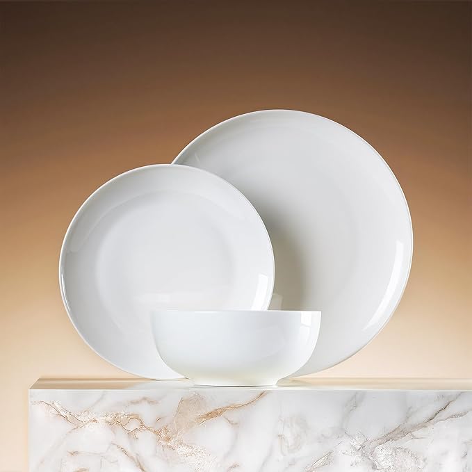 KINGSTONE Bone China Dinnerware Sets, 12-Piece Dinnerware Set for 4, Lightweight Durable, Dishwasher Safe, Tableware for Daily Use with Elegant Design, White