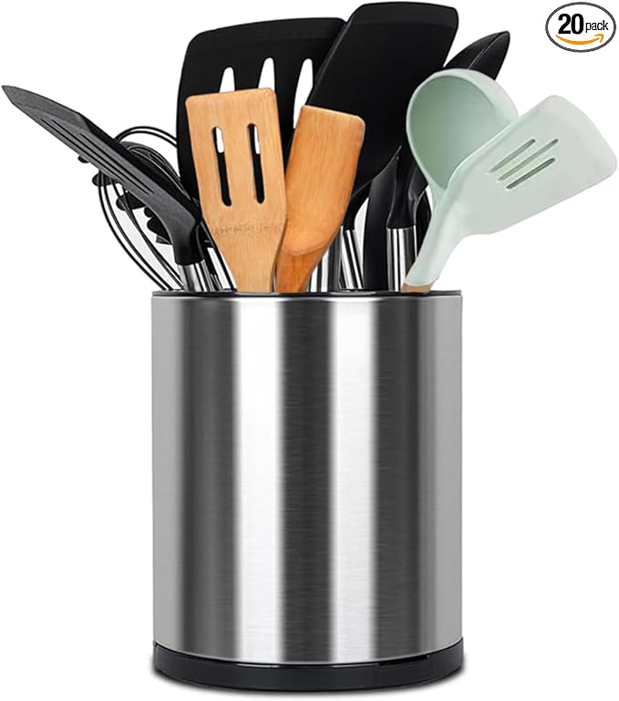 Kitchen Utensil Holder, Extra Large 360° Rotating Cooking Utensil Holder for Countertop, Stainless Steel Organizer Silverware Caddy 3 Compartment Flatware with Removable Base（Silvery）