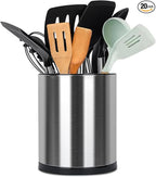 Kitchen Utensil Holder, Extra Large 360° Rotating Cooking Utensil Holder for Countertop, Stainless Steel Organizer Silverware Caddy 3 Compartment Flatware with Removable Base（Silvery）