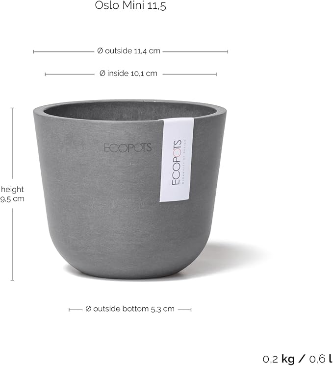 Ecopots Oslo Mini Durable Modern Round Indoor/Outdoor Recycled-Based Composite Flower Pot Planter, Grey, 4.5"