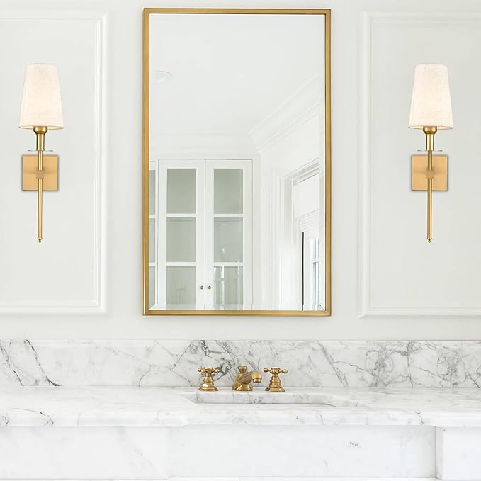 Gold Wall Sconces Set of Two Plug in Sconce Light Modern Brass Sconces Wall Lighting with Fabric Shade Wall Lamps for Bedroom Hallway Bathroom Living Room