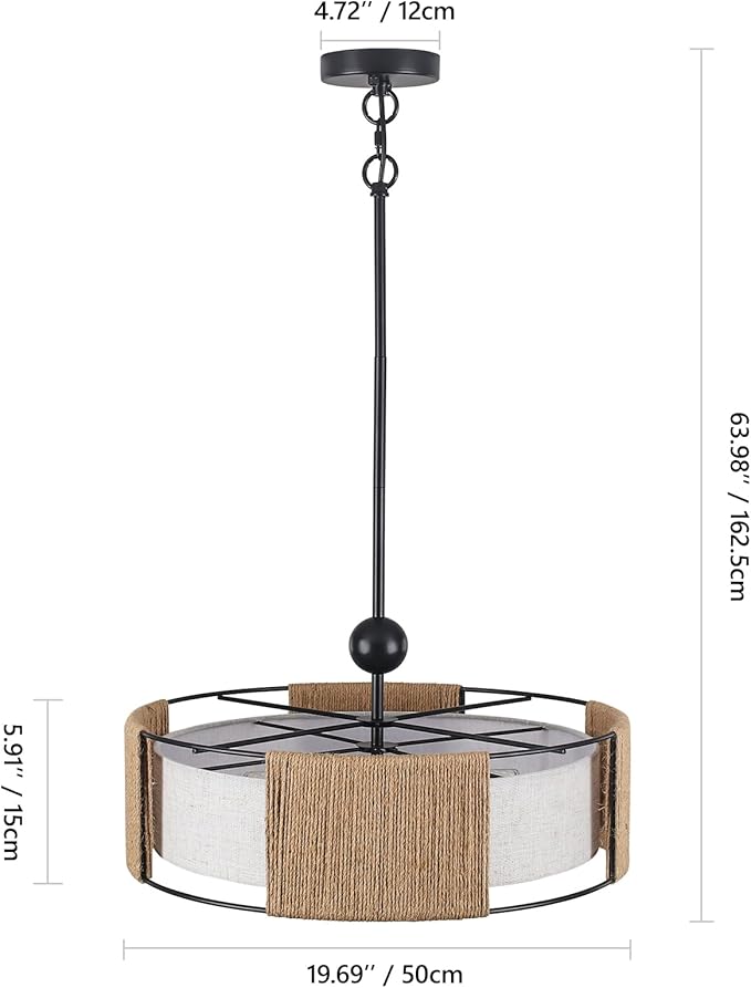 19.7" Rattan Chandelier ，5-Light Boho Dining Room Chandelier，Rustic Chandelier with Fabric lampshade，Suitable for Farmhouse Dining Room ，Living Room， Kitchen Bedroom， Hallway Stairs Hanging