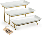 LAUCHUH Large 3 Tier Serving Stand Tiered Serving Trays Collapsible Sturdier Rack with 3 Porcelain Serving Platters for Fruit Dessert Presentation Thanksgiving Christmas Party Display Set, 14 Inch