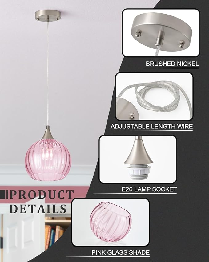 Brushed Nickel Pendant Lights Kitchen Island, Globe Pendant Light Fixtures with 8 Inch Clear Glass Shade, Modern Hanging Light Fixtures for Kitchen, Bedroom (1 Pack - Pink Glass Pendant Light)