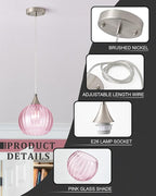 Brushed Nickel Pendant Lights Kitchen Island, Globe Pendant Light Fixtures with 8 Inch Clear Glass Shade, Modern Hanging Light Fixtures for Kitchen, Bedroom (2 Pack - Pink Glass Pendant Light)