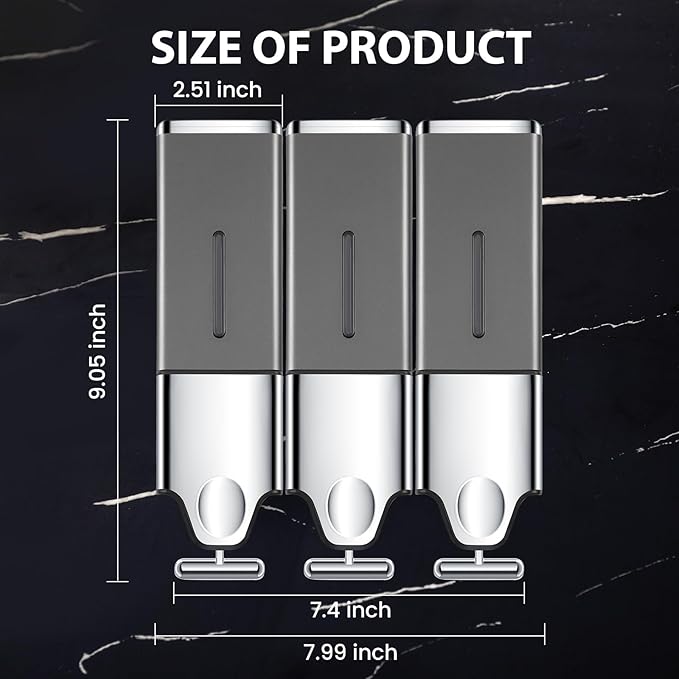 3-in-1 Quadrate Dispensers for The Shower,Shower soap Dispenser,Conditioner Dispenser, Shampoo Dispenser,No Drilled Wall Mounted Distributor,Hotel,Bathroom,Home (Triple, Grey)