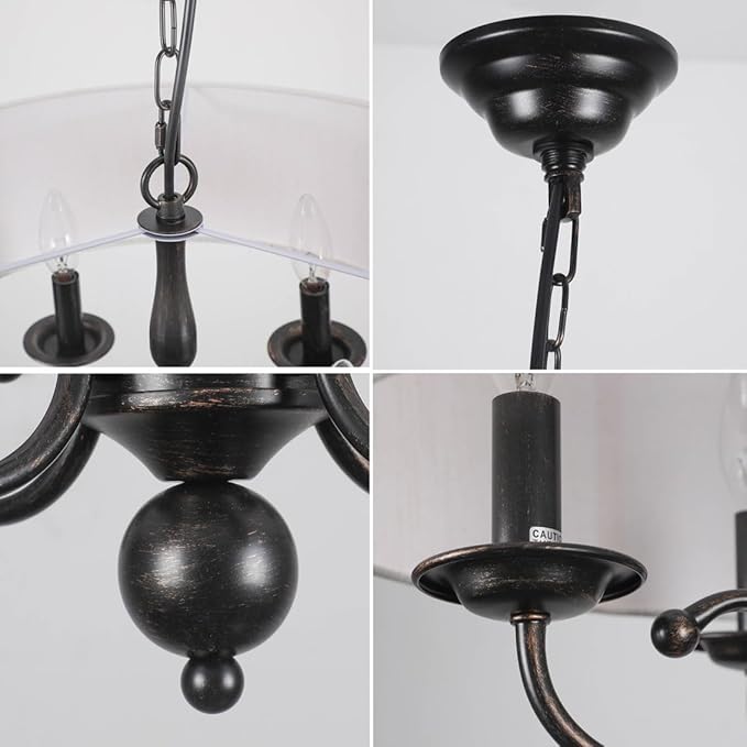 Modern Drum Chandelier Light Fixture 4-Light Black Drum Chandelier with Linen Shade 17.75" Chandelier for Dining Room, Living Room, Bedroom,Kitchen Island, E12