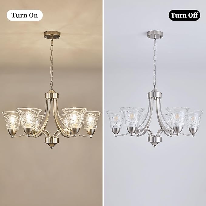 Modern Brushed Nickel Farmhouse Chandelier 6 Light Silver Chandeliers for Dining Room Adjustable Height Hanging Light Fixture with Clear Glass Shade,Pendant Light Fixture for Living Room Hallway Foyer