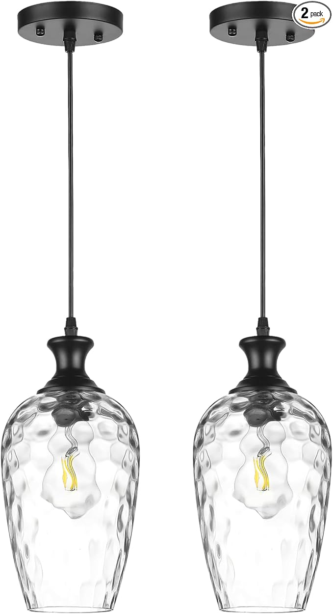 Glass Pendant Lights Kitchen Island 2 Pack, 1-Light Black Pendant Light Fixtures with Hand-Blown Clear Glass, Farmhouse Modern Hanging Light for Kitchen Sink Dining Room Bedroom