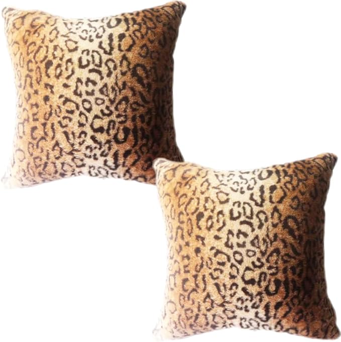 Faux Fur Throw Pillows, Set of 2 Decorative Square Couch Pillow Covers, 20x20 Leopard Cheetah Print Luxury Soft Plush Pillowcase for Sofa, Bed & Living Room Decor, Brown Gold