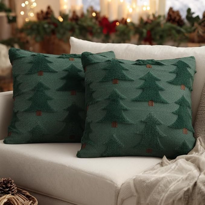 GEEORY Christmas Pillow Covers 20x20 Inch Set of 2, Christmas Decorations Xmas Tree Soft Plush Fluffy Faux Fur Decorative Throw Pillows Farmhouse Winter Cushion Case Green Brown GC033-20