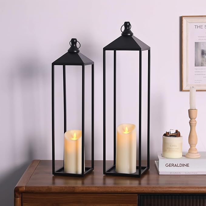 22'' 19'' Large Lanterns Decorative Outdoor Indoor, Set of 2 Black Metal Candle Lanterns Halloween Lanterns Modern Farmhouse Floor Lanterns Decorative for Home Decor, Mantle, Patio, Porch, Garden