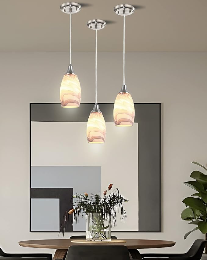 Mini Art Glass Pendant Lights Kitchen Island Blown Glass Pendant Lighting with Brushed Nickel Finish Adjustable Cord Ceiling Hanging Lamp for Hallway,Dining Room White and Dark Blue-1P