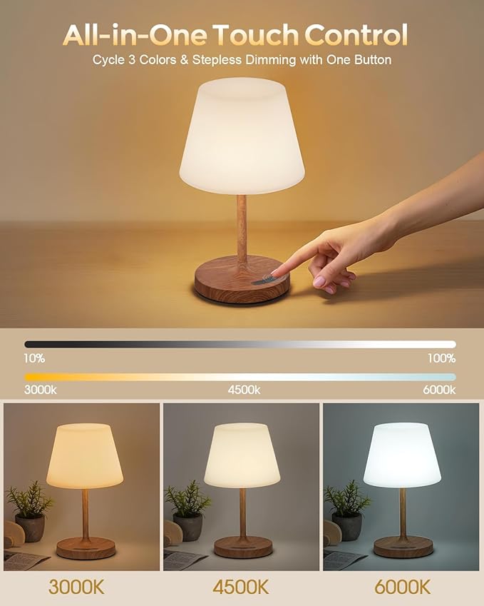 Outdoor Battery Operated Table Lamp, IP54 Waterproof Shower Lamp, 4000mAh Rechargeable Cordless Lamp, 3 Color Temperatures Dimmable, Small Touch Table Lamp for Bedroom, Patio, Camping, Restaurant
