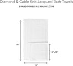 Texere 100% Organic Cotton Diamond Jacquard 700 GSM Luxury Bath Towel Sets - Ultra Soft and Absorbent Hotel and Spa Quality (Diamond, Bright White, 2 Hand & 2 Wash Towels)