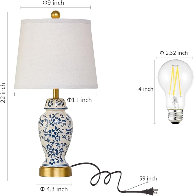 RORIANO Chinoiserie Ceramic Table Lamps Set of 2 for Living Room Bedroom Bedside, Traditional Blue Porcelain Classic Table Lamp for Nightstand Entryway, 2 LED Bulbs Included (Gold)