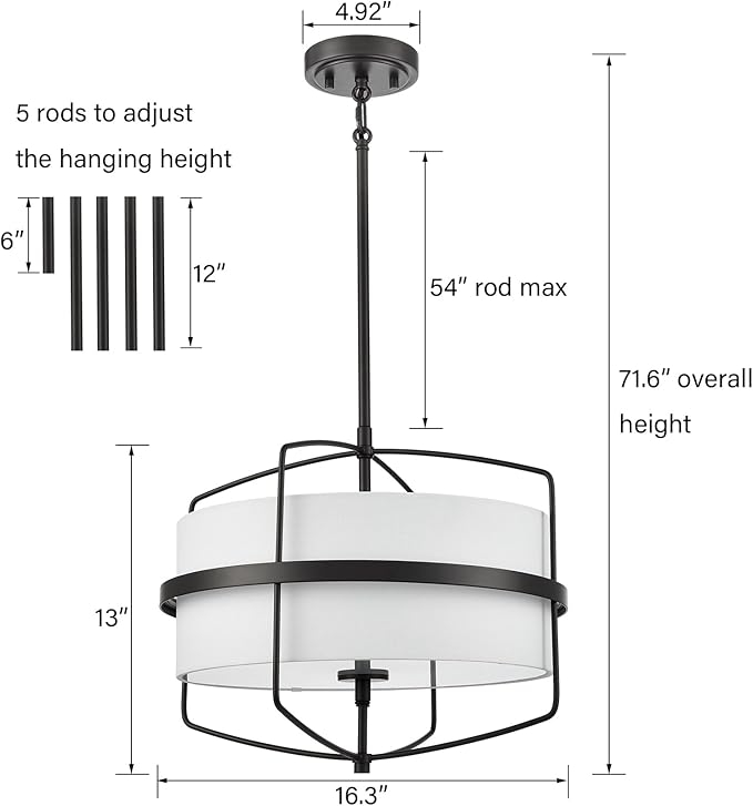 DAYCENT Modern Black Pendant Lights Kitchen Island 3-Light Drum Shade Pendant Light Fixtures 16" H Farmhouse Matte Black Pendant Light with Fabric Shade, Adjustable Height