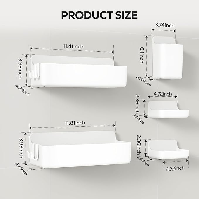 Nieifi Adhesive Wall Shelf, Shower Sheves 5 Pack with Soap Holder, Shower Organizer for Bathroom Organization, White