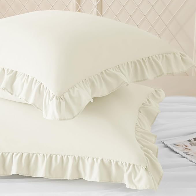 KKJIAF Ruffle Pillow Cases 18x18 Inches, Beige Square Ruffled Pillow Covers Set of 2, Microfiber Wrinkle Resistant Pillow Shams with Envelope Closure for Sofa Bed Living Room
