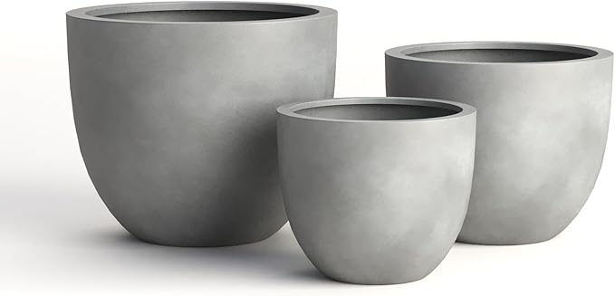 DTY Signature Mount Belford Lightweight and Durable Modern Fiberstone Egg Shaped Planter for Indoor Outdoor Drainage Hole & Rubber Plug Weather Resistant, 10" H x 12" Dia, 10" Opening - Small, Gray