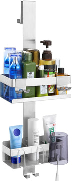 Emibele Over The Door Shower Caddy 2 Tier, 304 Stainless Steel Hanging Shower Caddy Rustproof Shower Shelves, No Drilling Hanging Shower Organizer for Bathroom Glass Door, Silver