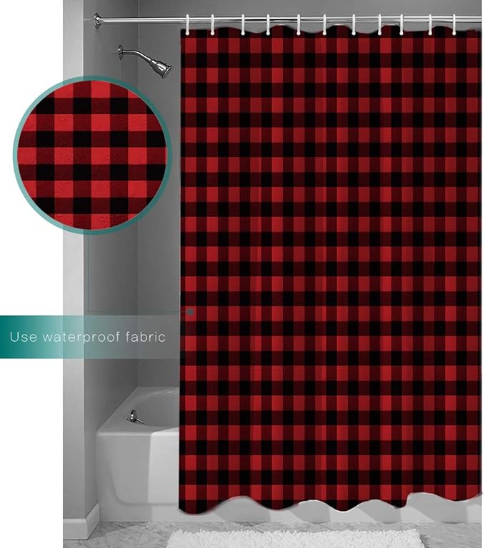 Vandarllin Extra Long 72x84 Inches Shower Curtain Washable,Water Repellent,Rustic Red Black Buffalo Check Plaid Pattern Print