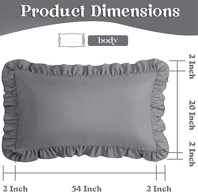 KKJIAF Ruffle Body Pillow Cases Set of 1, Ruffled Pillow Covers with Envelope Closure, Wrinkle Resistant Ruffled Long Pillow Shams 20" x 54", Grey